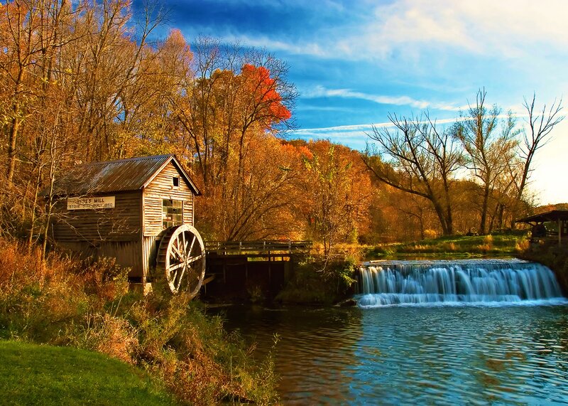 Wooden Mill by Waterfall — Blue, Serene