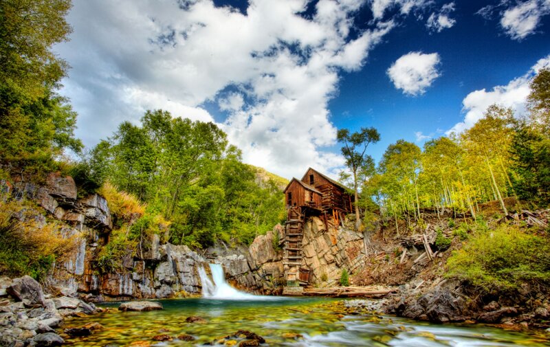 Wooden Mill by Waterfall — Blue