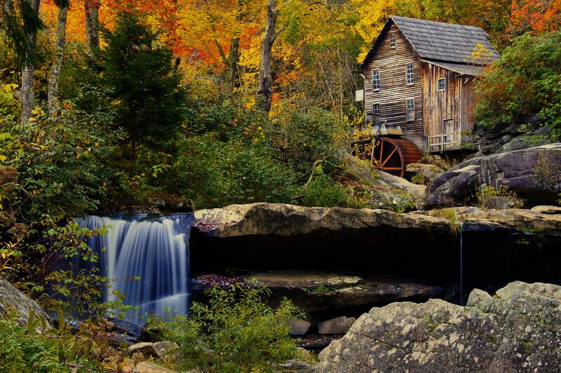 Wooden Mill by Waterfall — Brown, Serene
