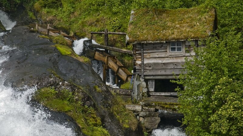 Wooden Mill by Waterfall — Green, Natural