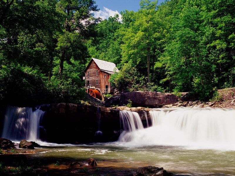 Wooden Mill by Waterfall — Green, Serene, Afternoon, Photograph, Forest, River