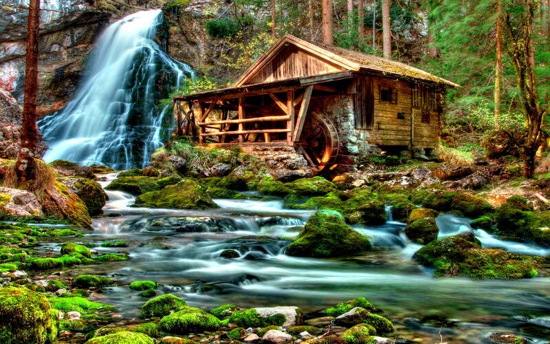 Wooden Mill by Waterfall — Green, Serene, Afternoon, Photograph