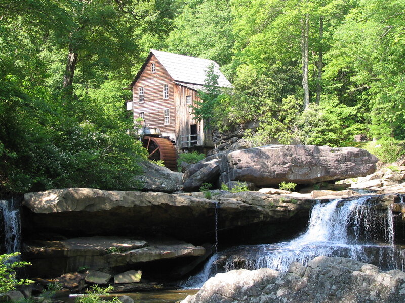 Wooden Mill by Waterfall — Green, Serene, Afternoon, Photograph, Waterwheel