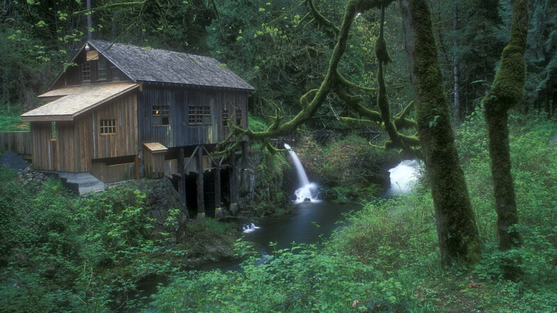 Wooden Mill by Waterfall — Green, Serene, Afternoon
