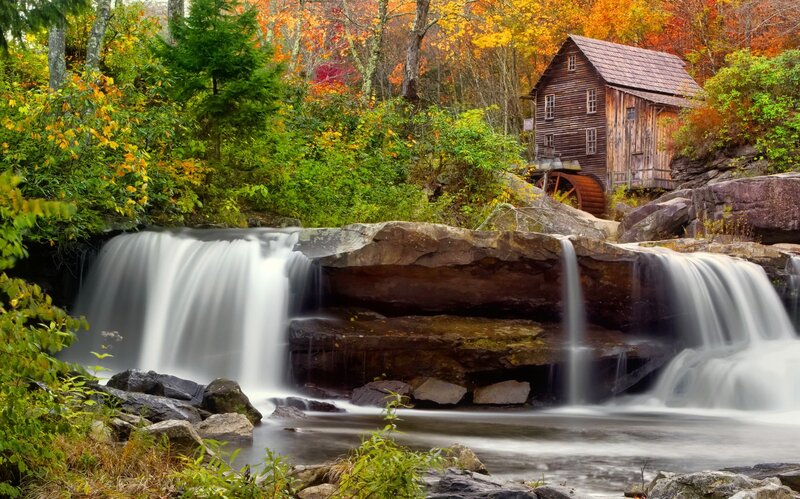 Wooden Mill by Waterfall — Green, Serene, Autumn, Photograph, Falling Water