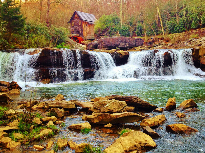 Wooden Mill by Waterfall — Green, Serene, Autumn, Photograph, River