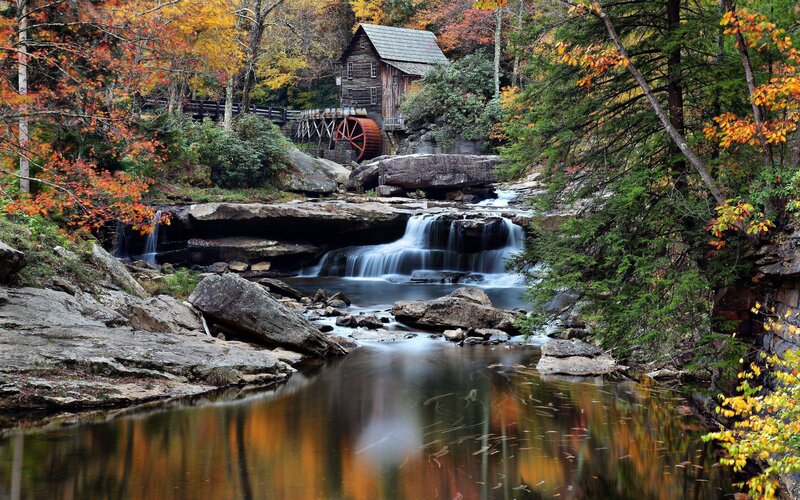 Wooden Mill by Waterfall — Green, Serene, Autumn, Photograph