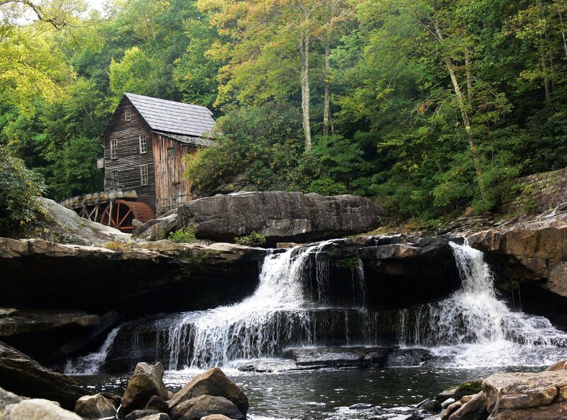 Wooden Mill by Waterfall — Green, Serene, Autumn