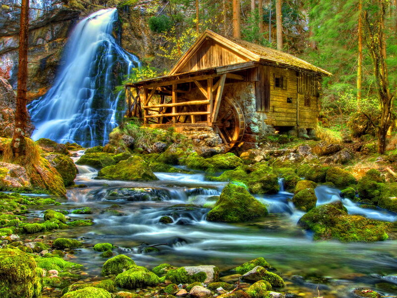 Wooden Mill by Waterfall — Green, Serene, Spring