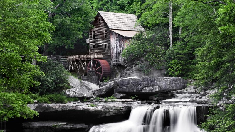 Wooden Mill by Waterfall — Green, Serene, Summer, Photograph, River