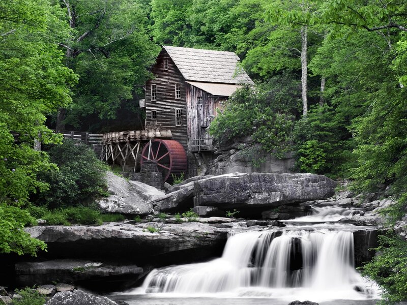 Wooden Mill by Waterfall — Green, Serene, Summer, Photograph, River, Trees, Waterwheel