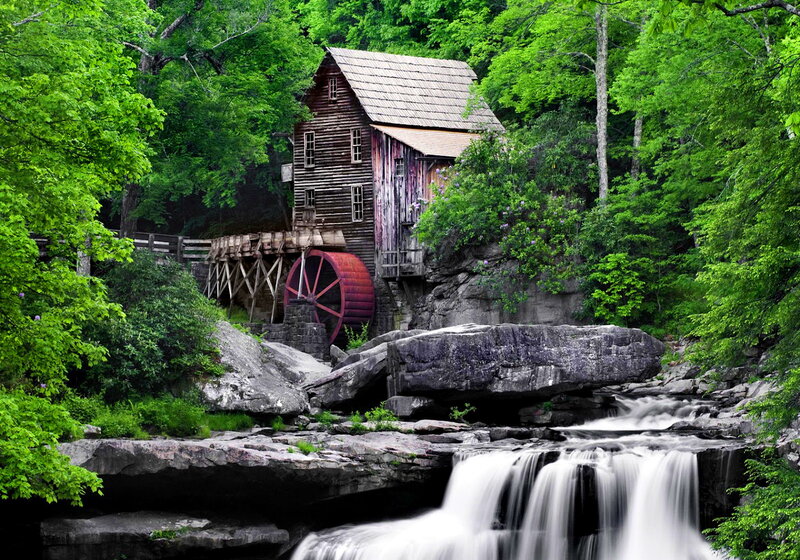 Wooden Mill by Waterfall — Green, Serene, Summer