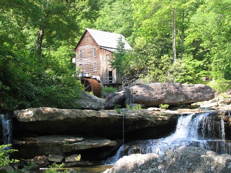 Wooden Mill by Waterfall — Green, Serene