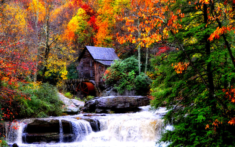 Wooden Mill by Waterfall — Orange, Serene, Autumn, Photograph, Fall Foliage, River