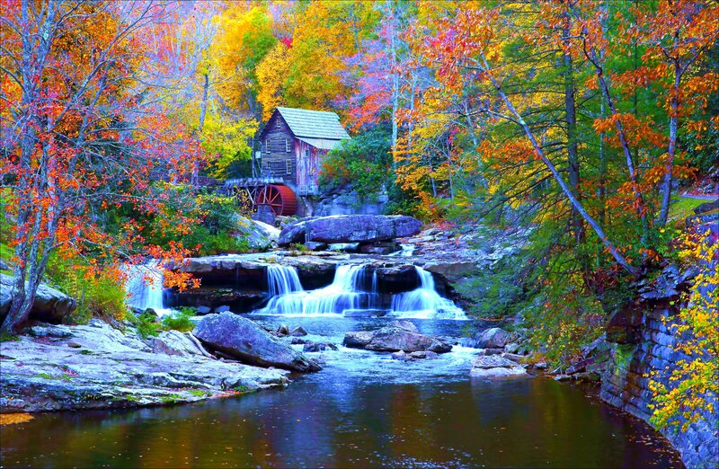Wooden Mill by Waterfall — Orange, Serene, Autumn, Photograph, Fall Foliage, River, Trees, Stone