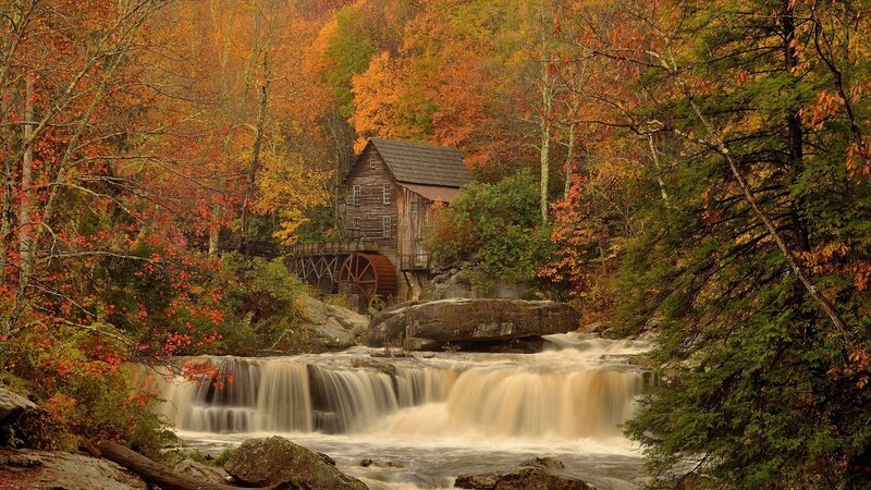 Wooden Mill by Waterfall — Orange, Serene, Autumn, Photograph, Fall Foliage, River, Trees