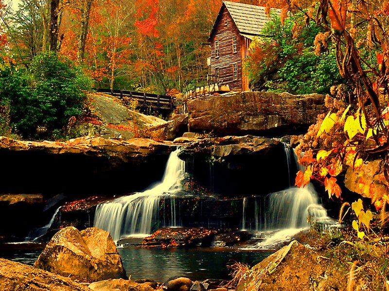 Wooden Mill by Waterfall — Orange, Serene, Autumn, Photograph, Fall Foliage, Stream