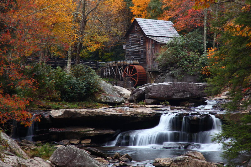Wooden Mill by Waterfall — Orange, Serene, Autumn, Photograph, Fall Foliage