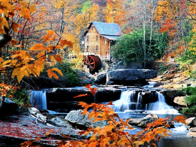 Wooden Mill by Waterfall — Orange, Serene, Autumn
