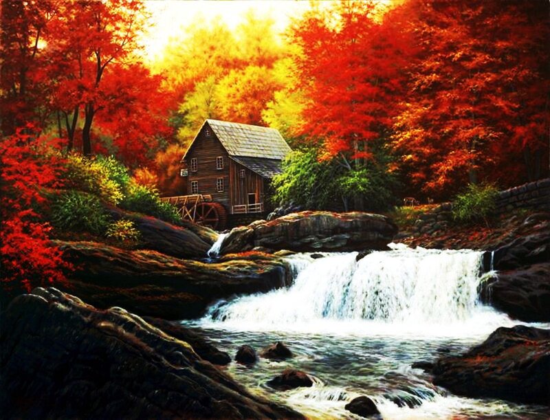 Wooden Mill by Waterfall — Red, Serene, Autumn, Painting