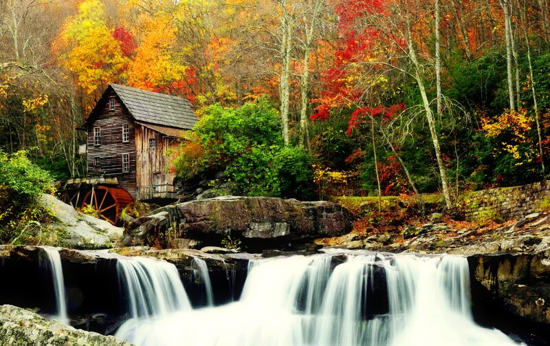 Wooden Mill by Waterfall — Red, Serene, Autumn, Photograph, Fall Foliage, River