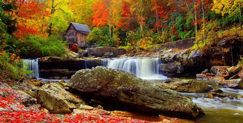 Wooden Mill by Waterfall — Red, Serene, Autumn, Photograph, Fall Foliage