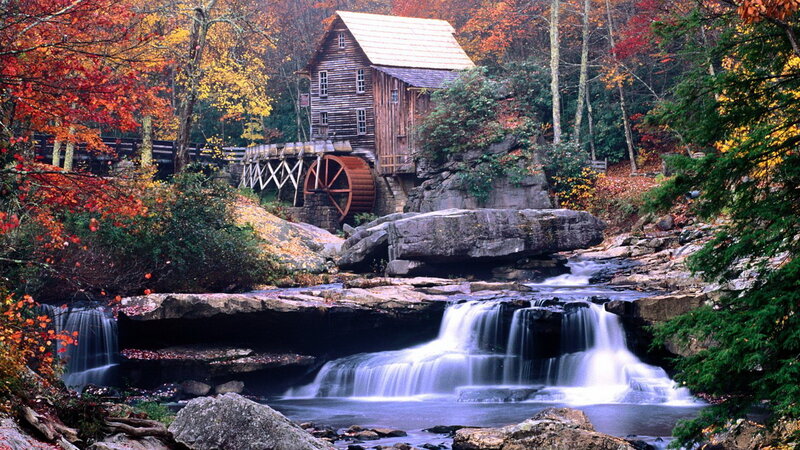 Wooden Mill by Waterfall — Red, Serene, Autumn