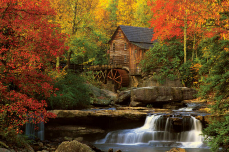 Wooden Mill by Waterfall — Red, Serene