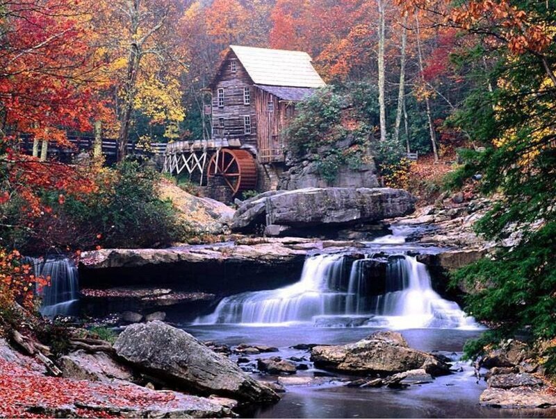 Wooden Mill by Waterfall — Red