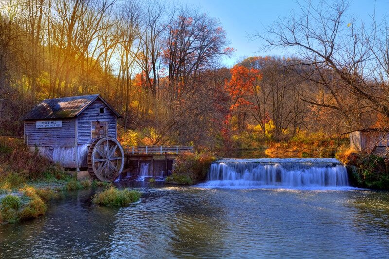 Wooden Mill by Waterfall