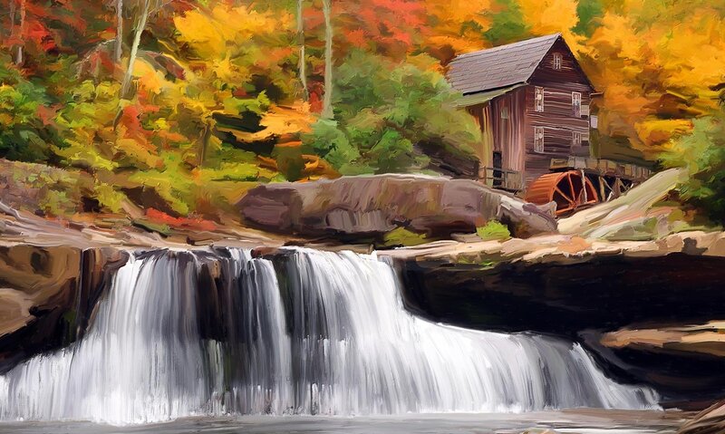 Wooden Mill by Waterfall — Yellow, Serene, Autumn, Painting