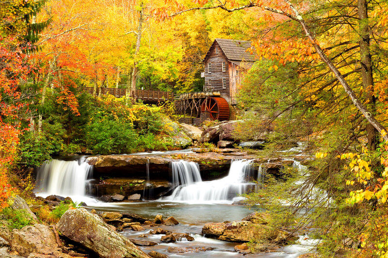 Wooden Mill by Waterfall — Yellow, Serene, Autumn, Photograph, Fall Foliage