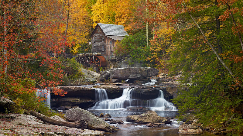 Wooden Mill by Waterfall — Yellow, Serene, Autumn, Photograph