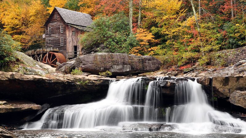 Wooden Mill by Waterfall — Yellow, Serene, Autumn