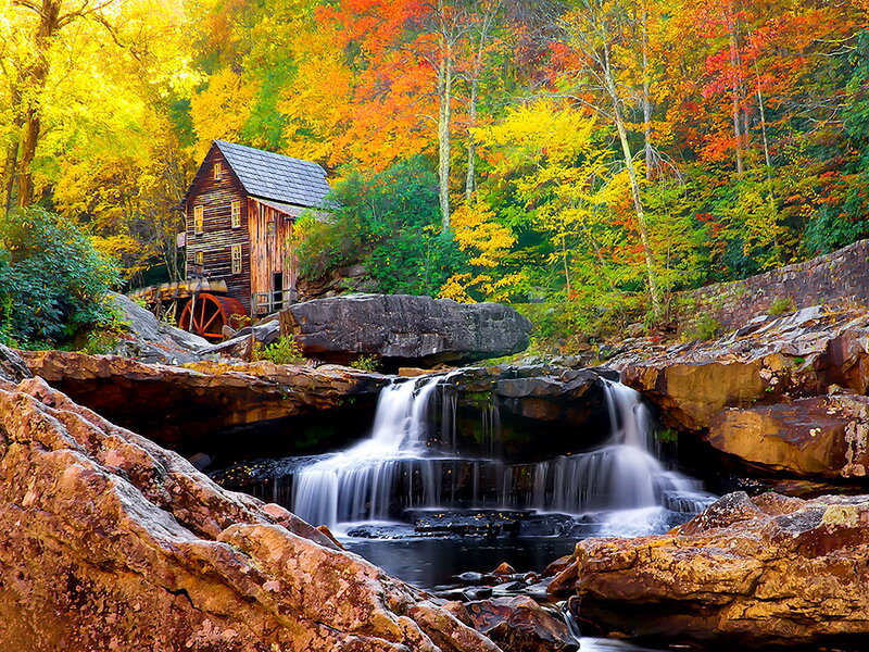 Wooden Mill by Waterfall — Yellow, Serene