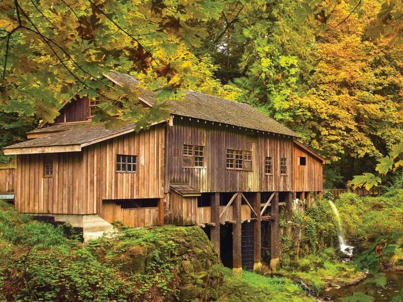 Wooden mill in autumn forest