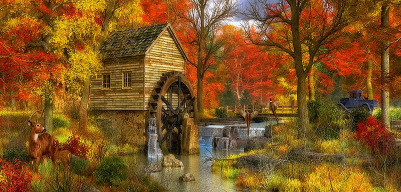 Wooden Mill in Autumn — Red