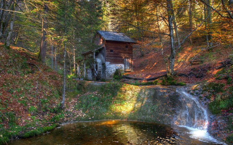 Wooden Mill in Forest — Brown, Serene, Autumn, Photograph, Waterfall