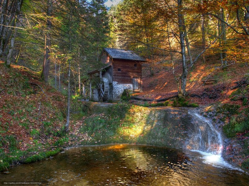 Wooden Mill in Forest — Brown, Serene, Autumn, Photograph, Waterfall, Trees
