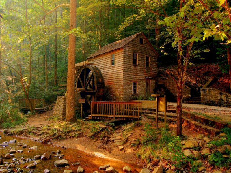 Wooden Mill in Forest — Green, Serene, Afternoon, Photograph, River