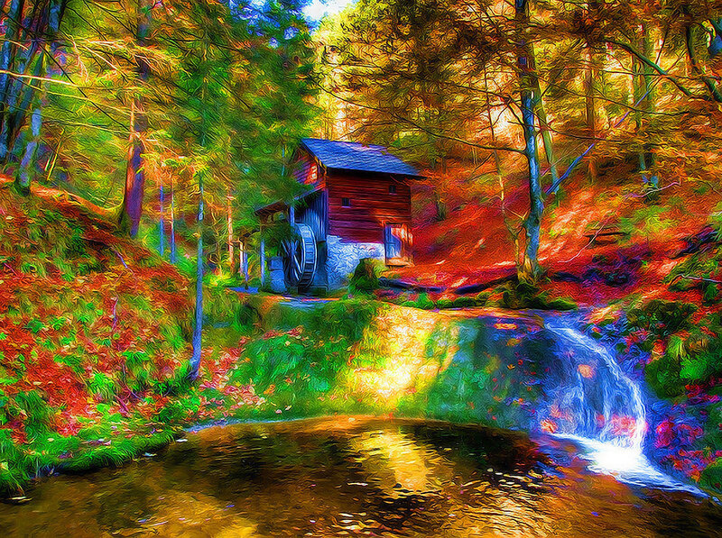 Wooden Mill in Forest — Green, Serene, Autumn, Digital Art