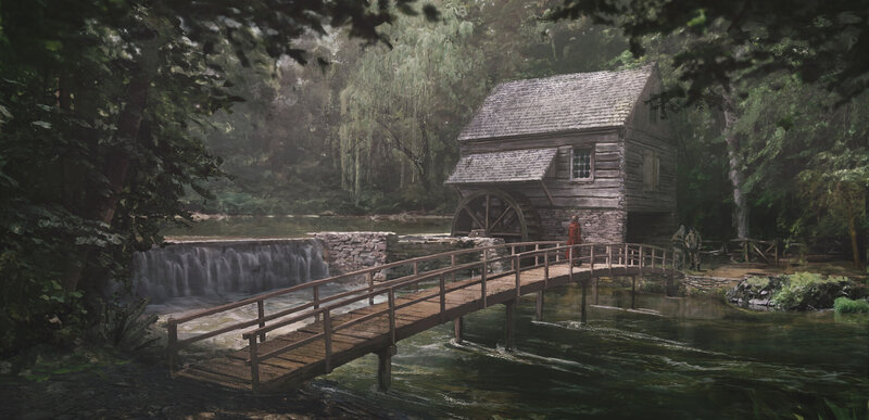 Wooden Mill in Forest — Green, Serene, Morning, Digital Art