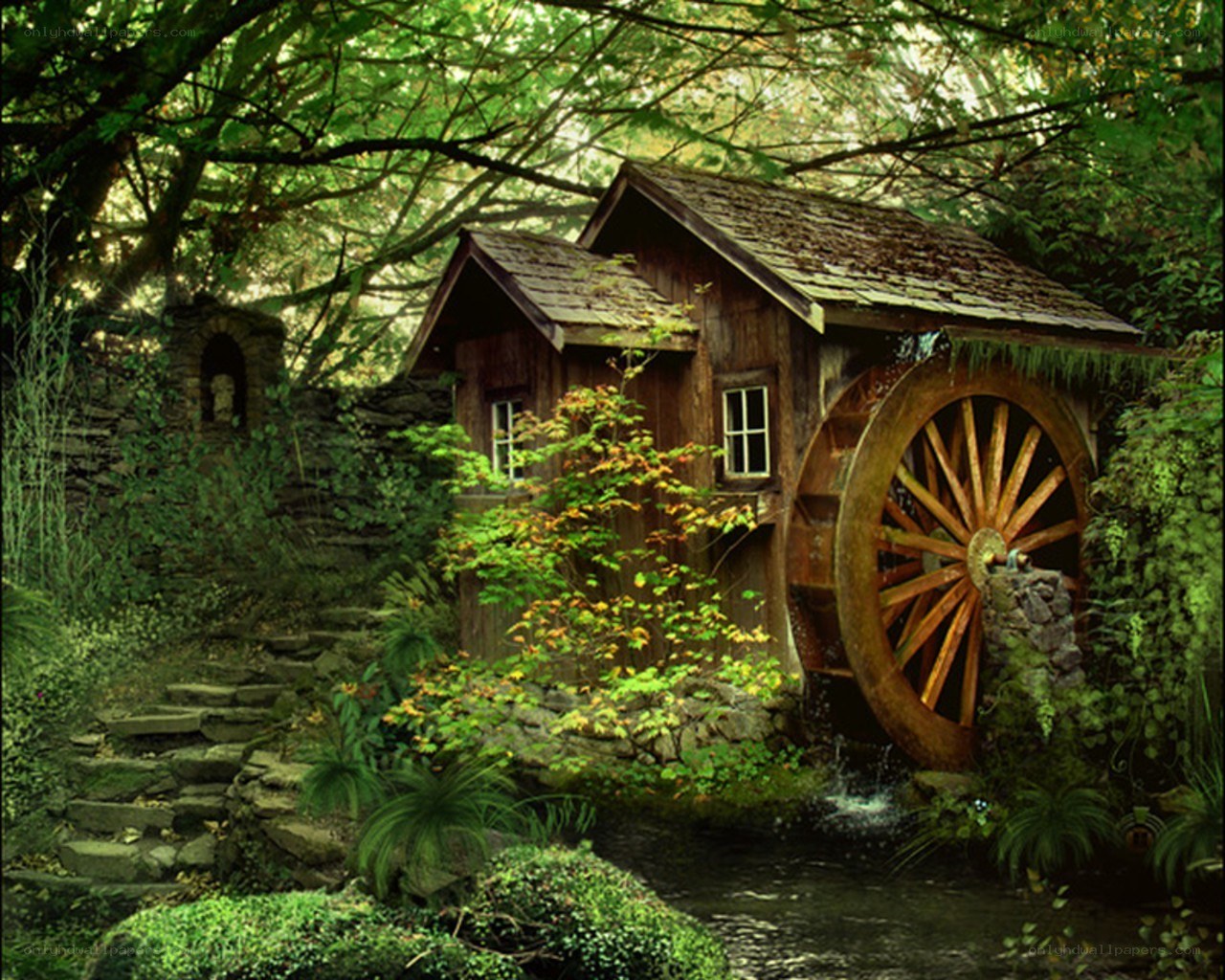 Wooden mill in forest