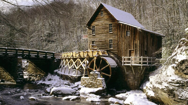 Wooden Mill in Snow — Brown, Serene