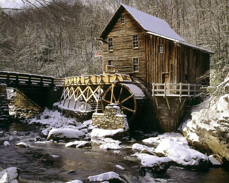 Wooden Mill in Snow — Brown, Serene, Winter, Photograph