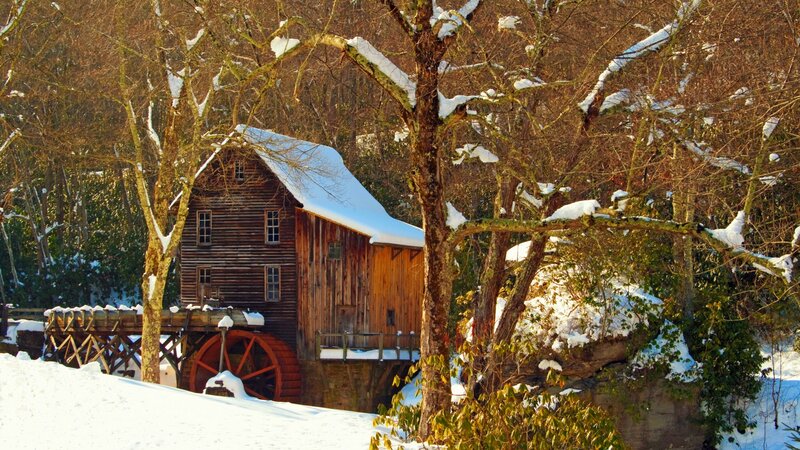 Wooden Mill in Snow — Brown, Serene, Winter