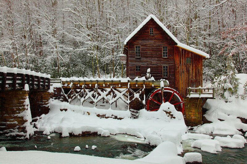 Wooden Mill in Snow — White, Serene