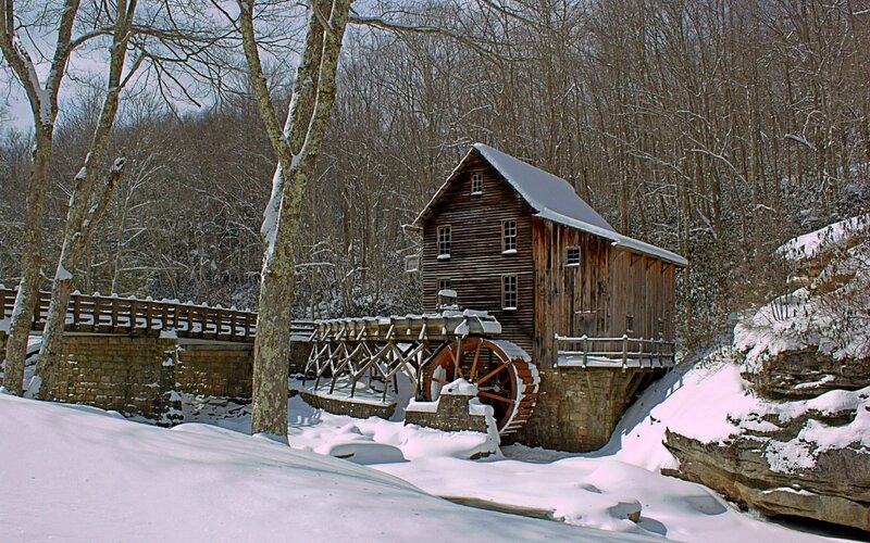 Wooden Mill in Snow — White, Serene, Winter, Photograph