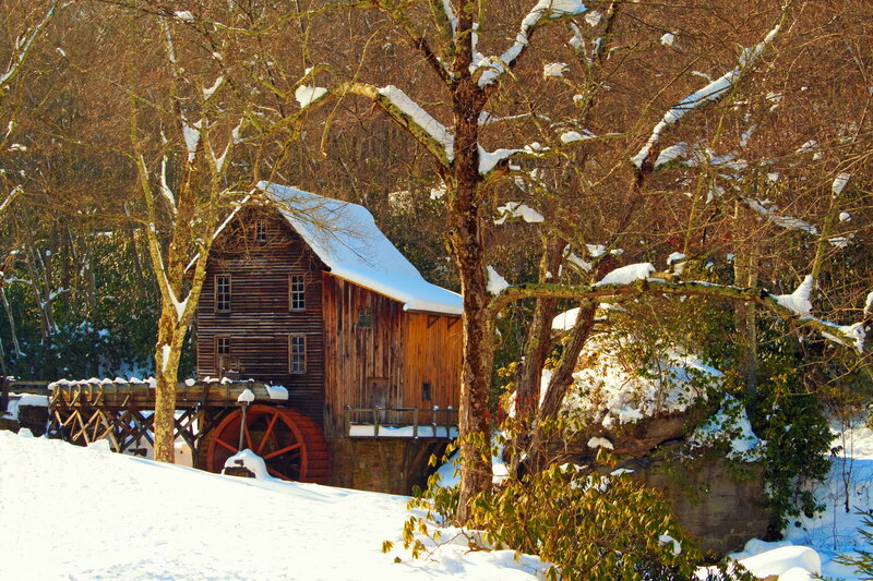 Wooden Mill in Snow — White