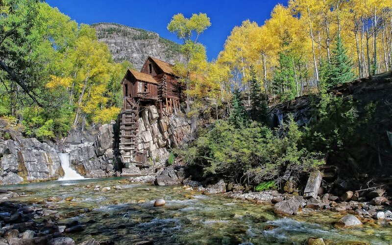 Wooden Mill on Cliff — Blue, Serene